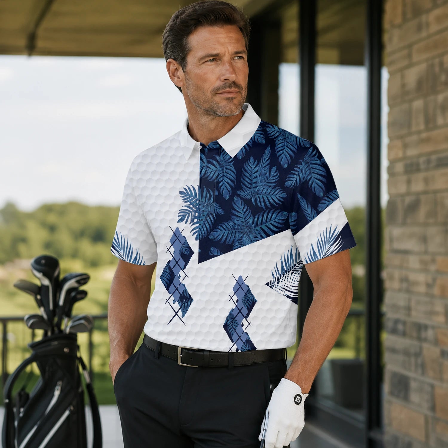 Personalised White Navy Tropical Leaf Argyle Golf Polo Shirt For Men D6549 | Men Gallery | 7.webp