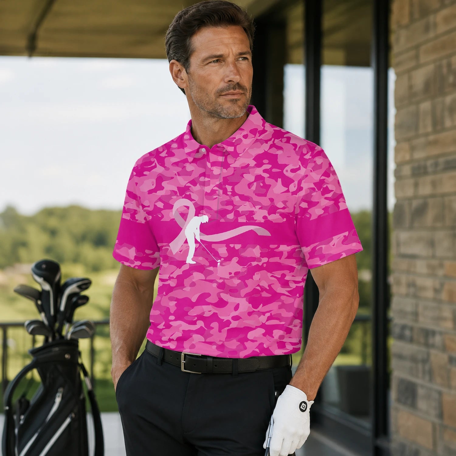 Personalised Pink Camo Breast Cancer Awareness Ribbon Golfer Golf Polo Shirt For Men Z3179 | Men Gallery | 7.webp