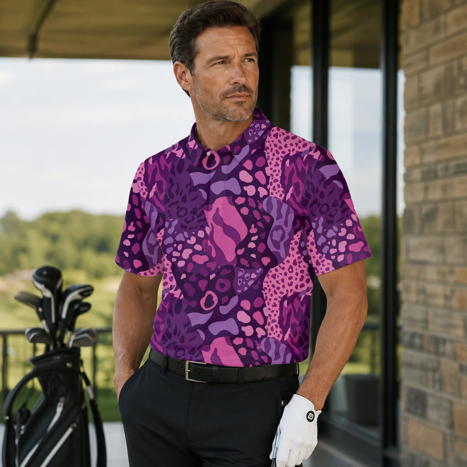 Personalised Purple Pink Leopard Camo Golf Polo Shirt For Men I6540 | Men Gallery | 7.webp