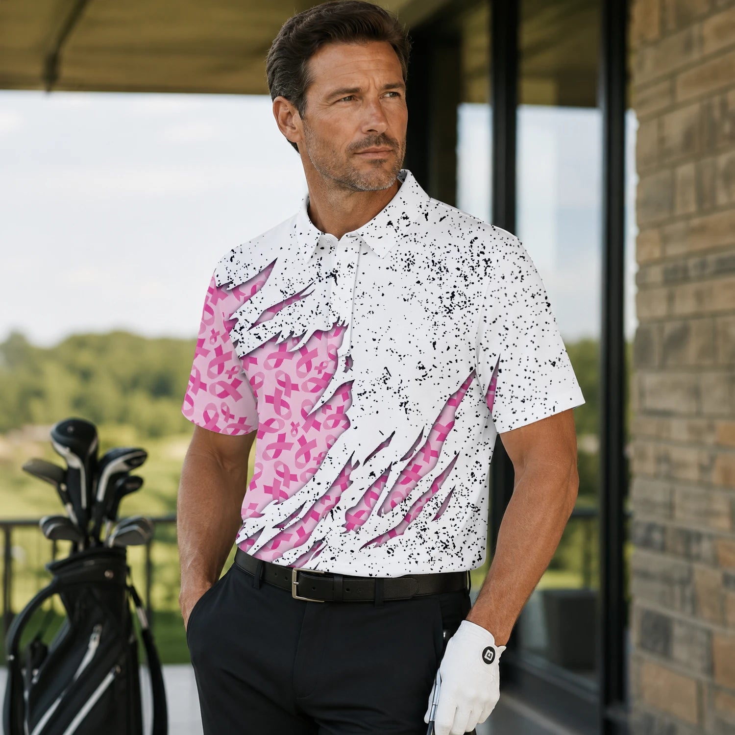 Personalised White Pink Breast Cancer Ribbon Torn Golf Polo Shirt For Men B7190 | Men Gallery | 7.webp