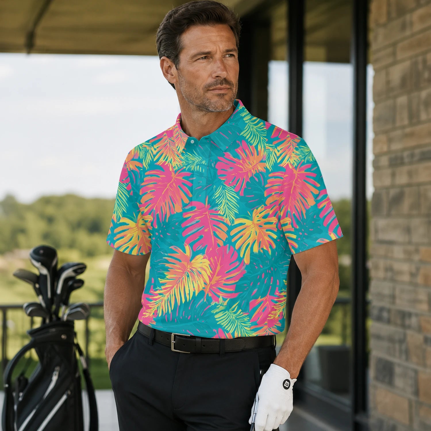 Personalised Teal Coral Tropical Leaf Golf Polo Shirt For Men H8937 | Men Gallery | 7.webp