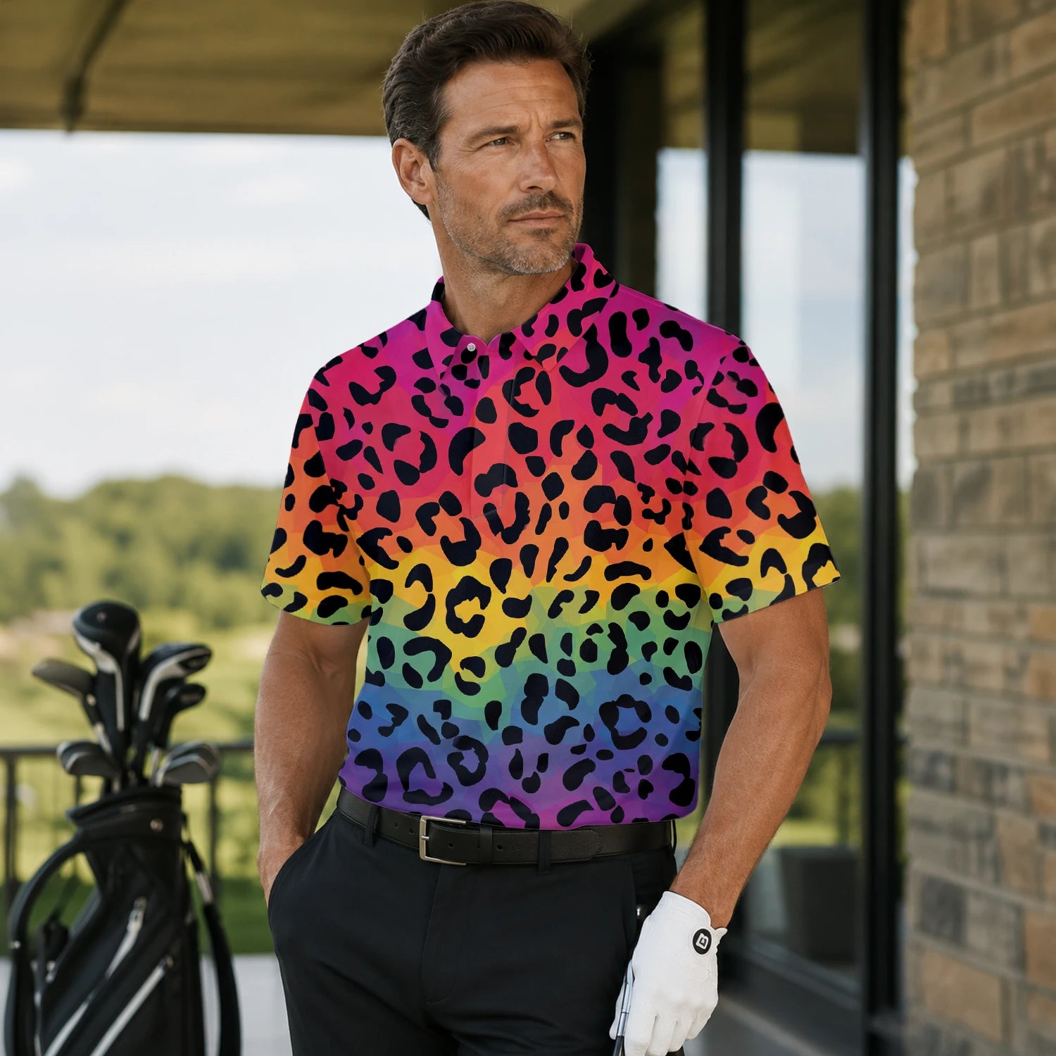 Personalised Rainbow Leopard Print Golf Polo Shirt For Men X1632 | Men Gallery | 7.webp