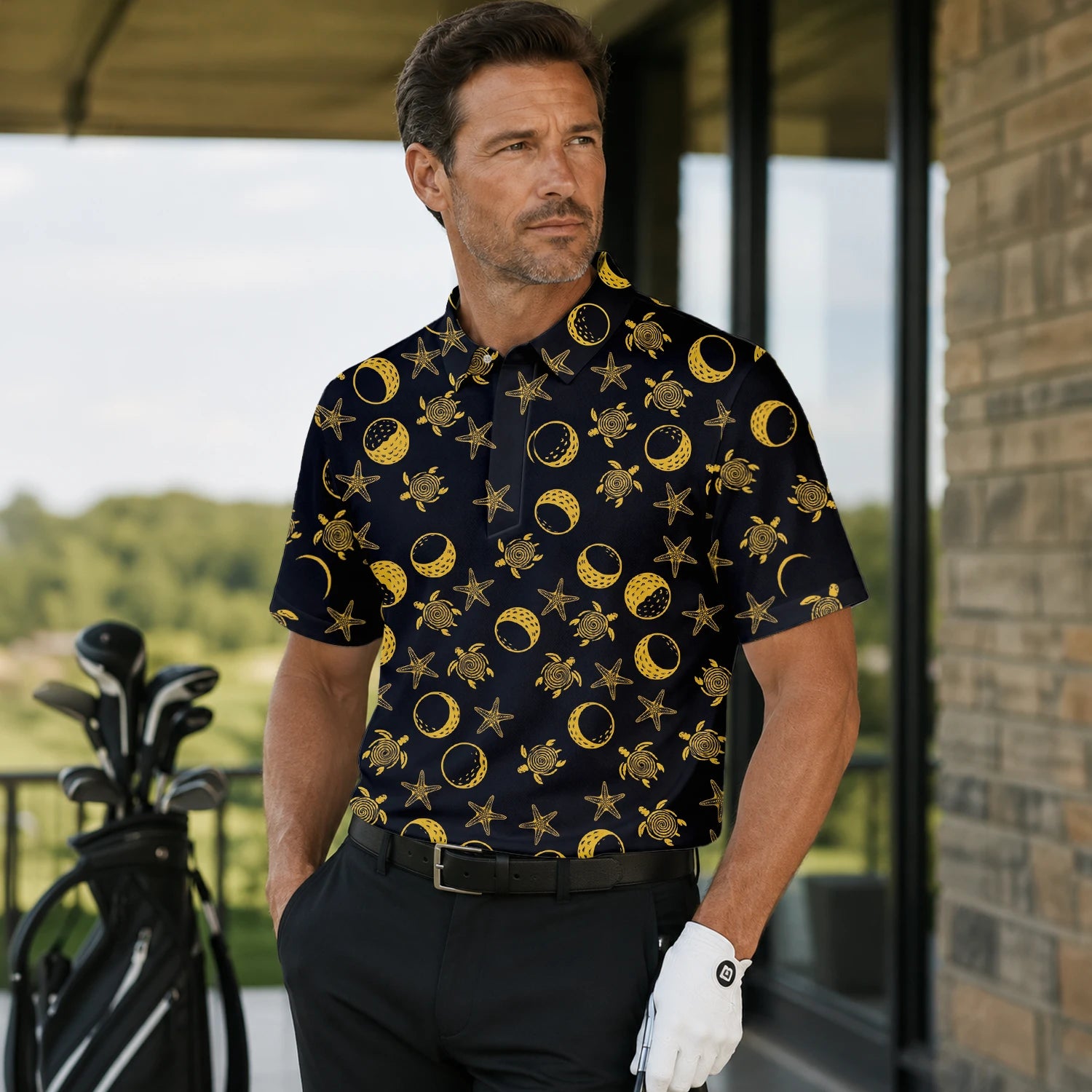 Personalised Black Gold Sea Turtle Moon Star Golf Polo Shirt For Men V4483 | Men Gallery | 7.webp