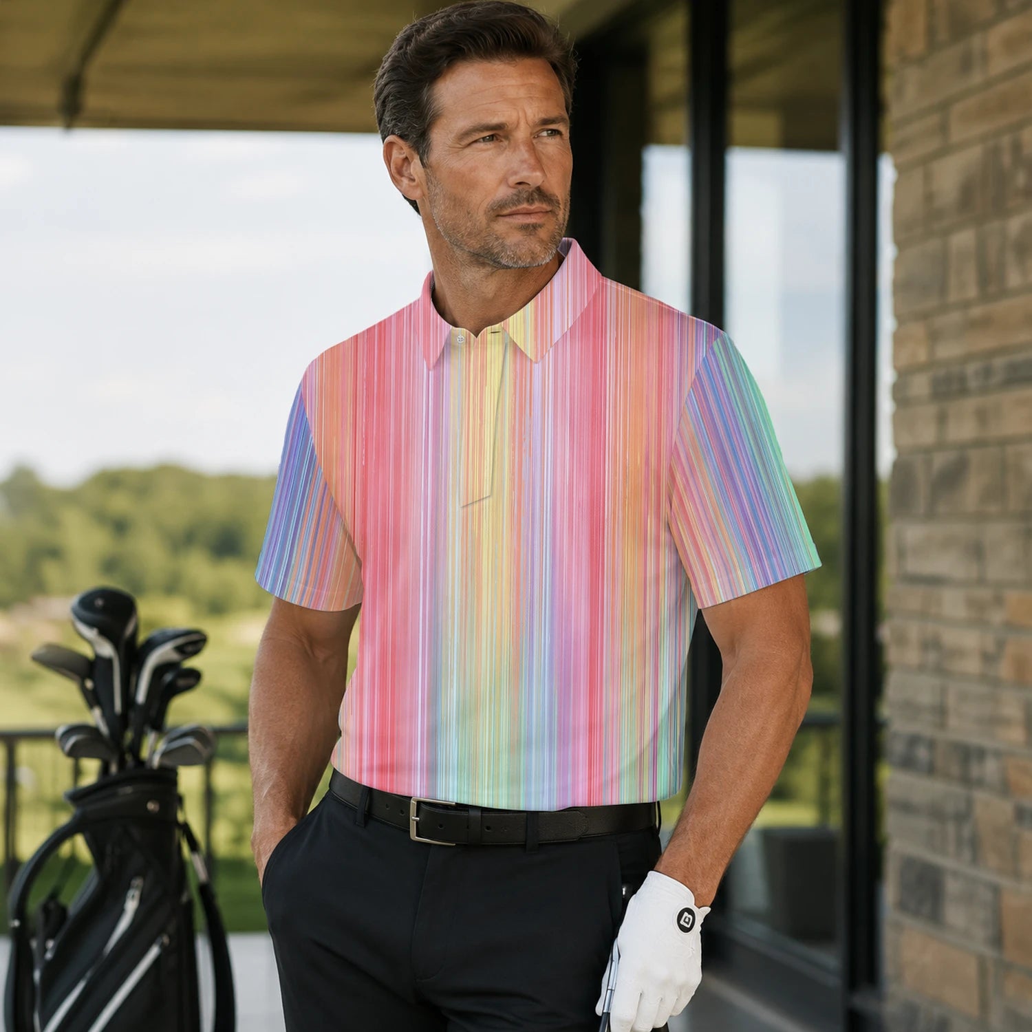 Personalised Pastel Rainbow Stripe Golf Polo Shirt For Men C5307 | Men Gallery | 7.webp