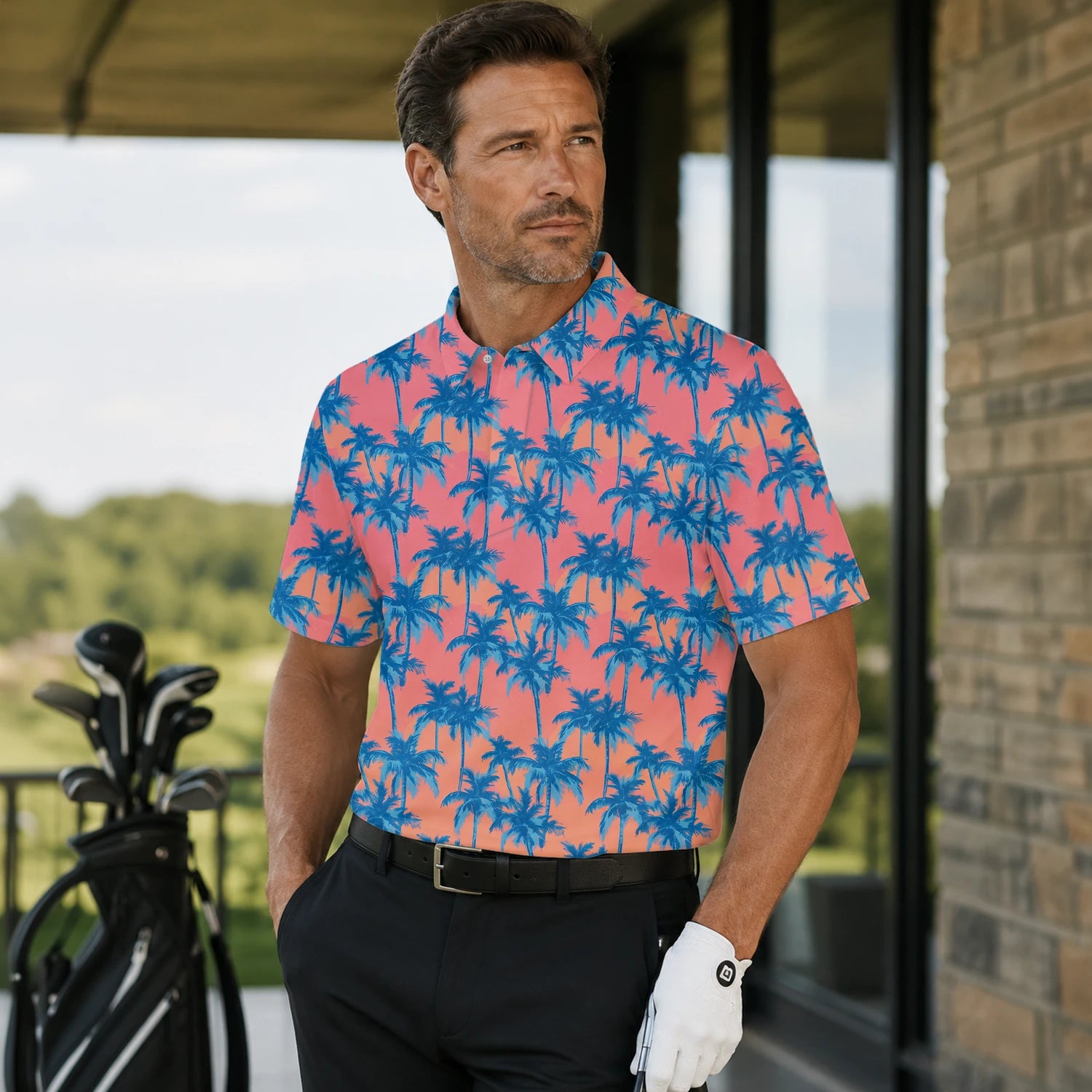 Personalised Coral Pink Blue Palm Tree Golf Polo Shirt For Men A5845 | Men Gallery | 7.webp