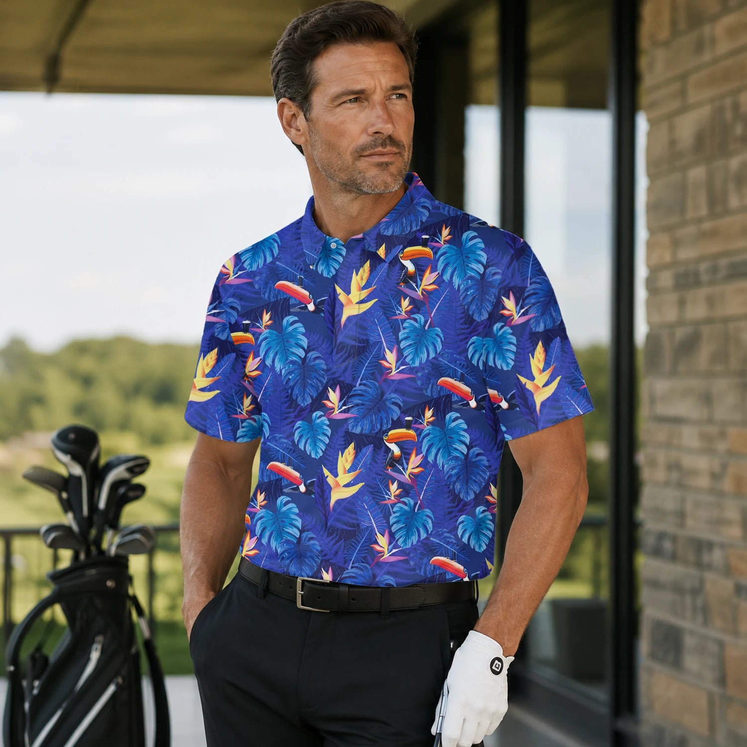 Personalised Navy Blue Tropical Toucan Leaf Golf Polo Shirt For Men S1836 | Men Gallery | 7.webp
