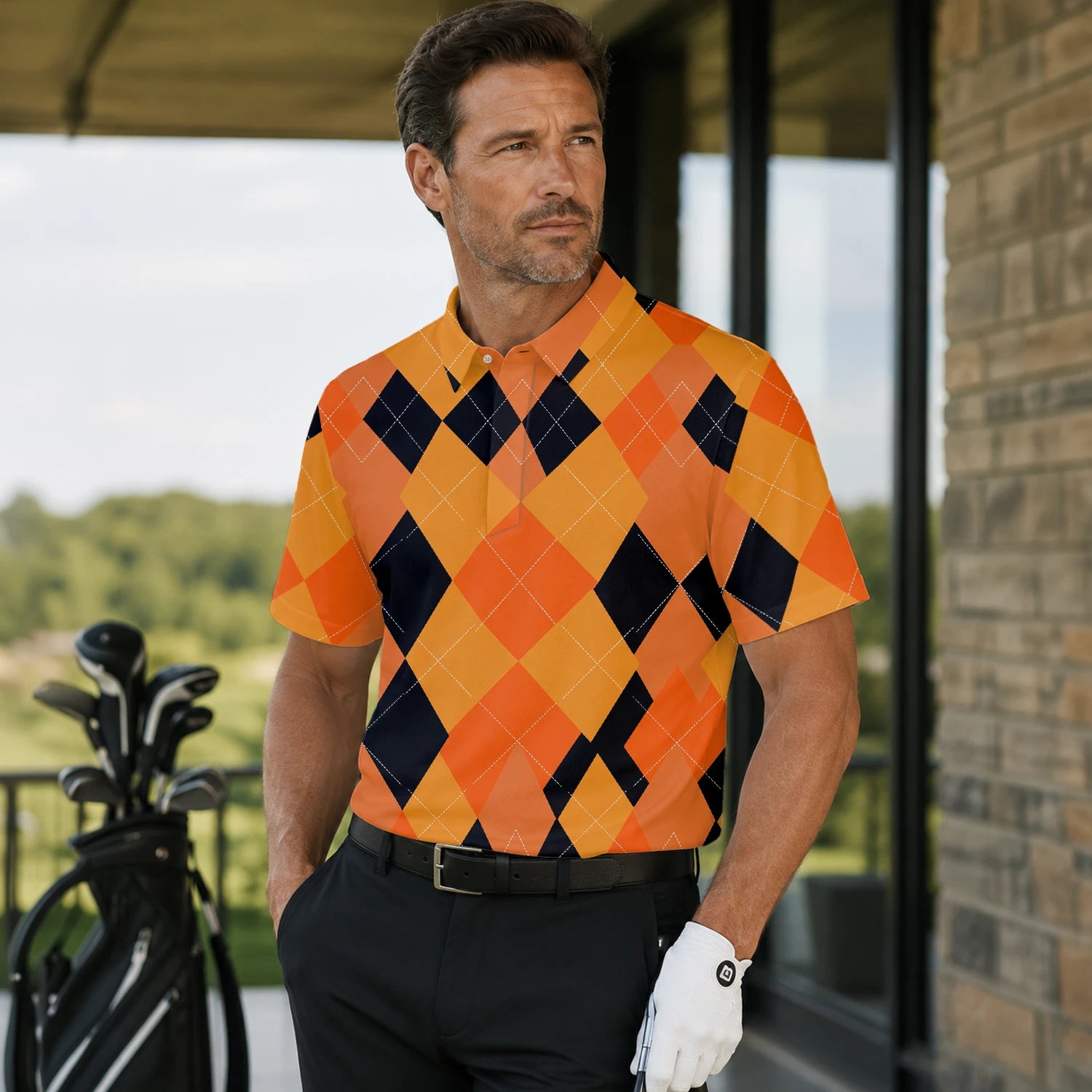 Personalised Orange Black Argyle Diamond Golf Polo Shirt For Men C4203 | Men Gallery | 7.webp