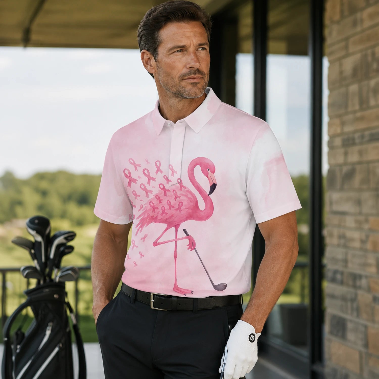 Personalised Pink Flamingo Golfer Breast Cancer Ribbon Golf Polo Shirt For Men R9354 | Men Gallery | 7.webp