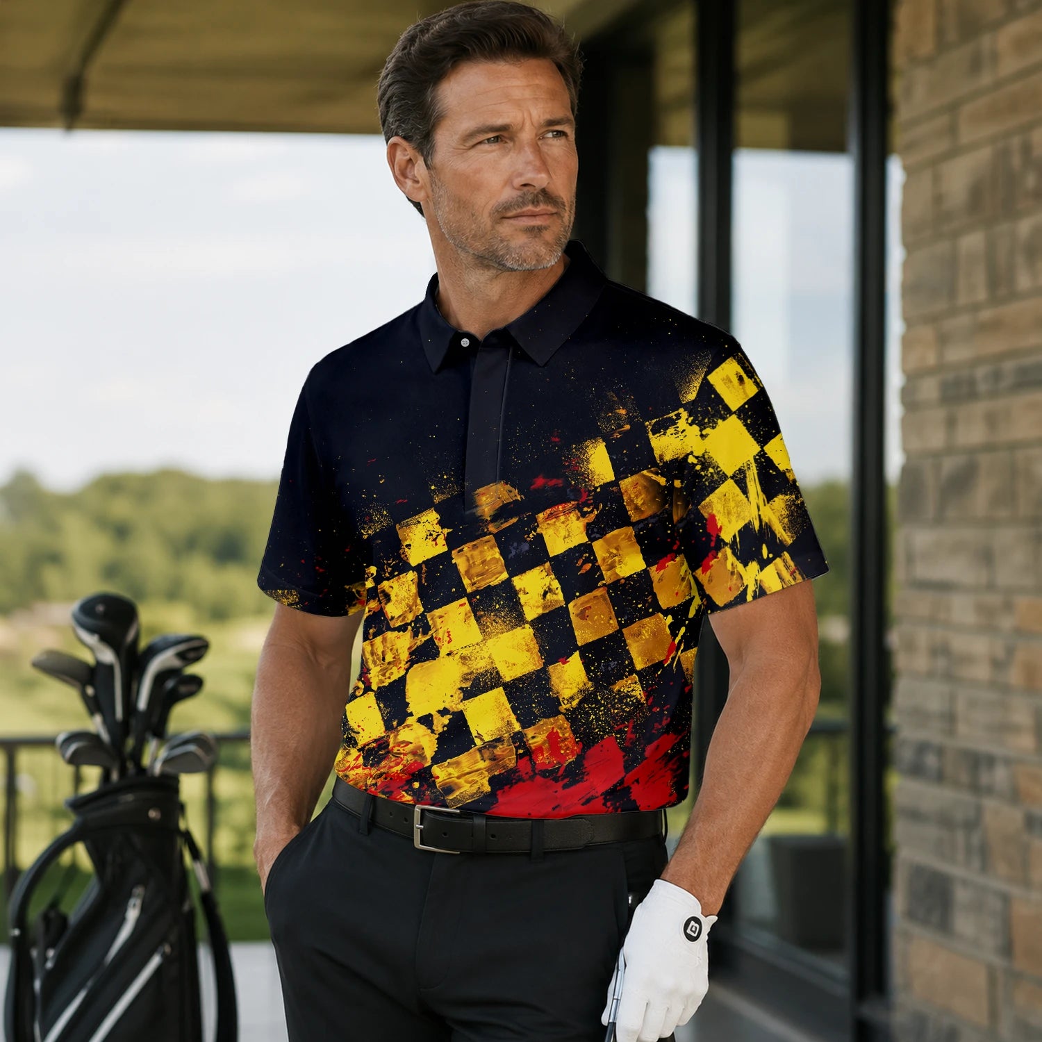 Personalised Black Yellow Red Grunge Checkerboard Golf Polo Shirt For Men R0396 | Men Gallery | 7.webp