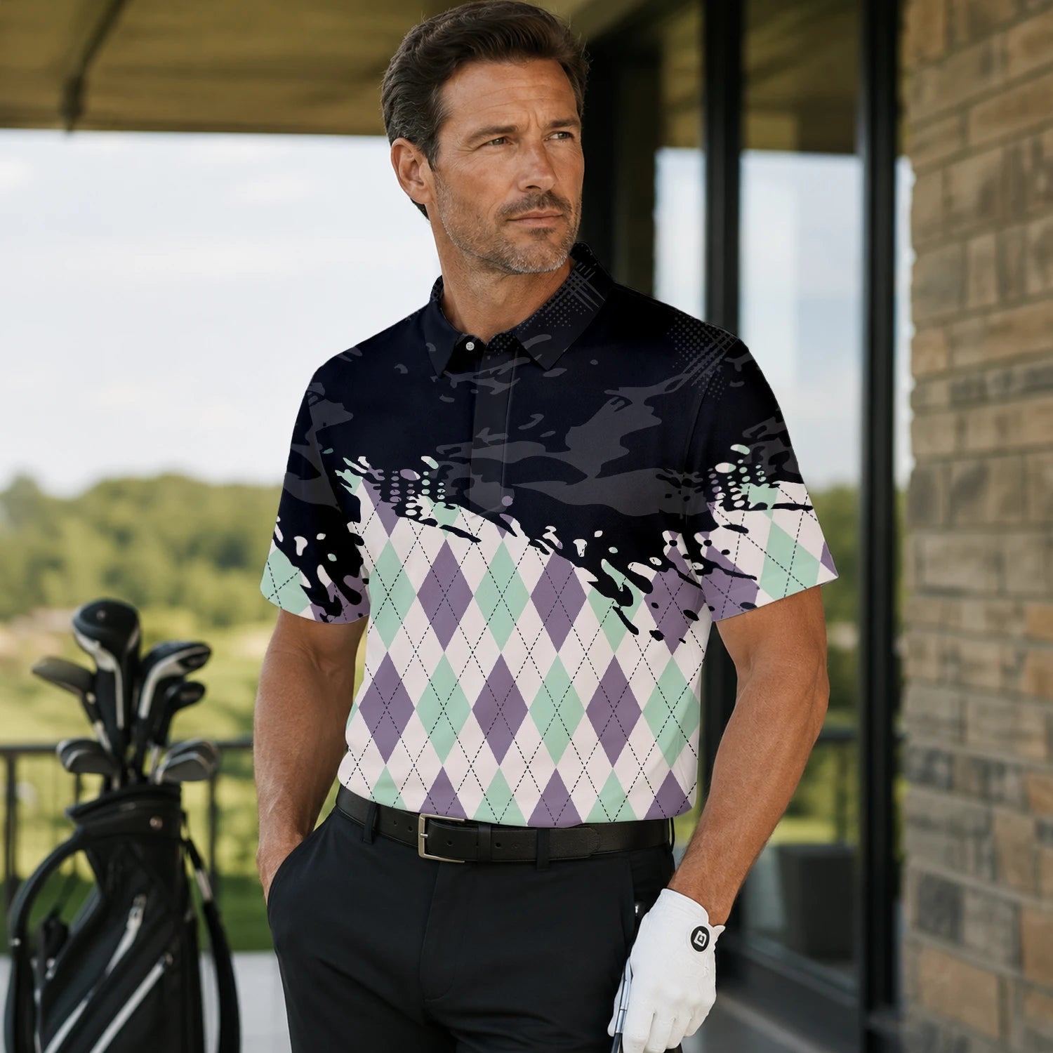 Personalised Black Mint Purple Argyle Paint Splash Golf Polo Shirt For Men C5124 | Men Gallery | 7.webp