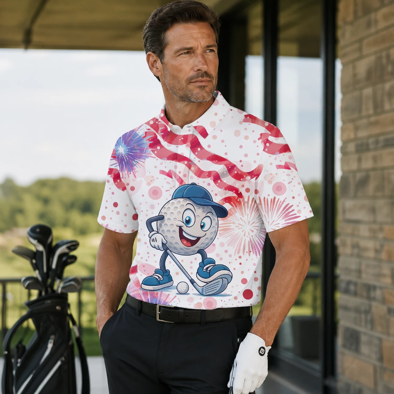 Personalised White Pink Golf Ball Cartoon Firework Golf Polo Shirt For Men C2083 | Men Gallery | 7.webp