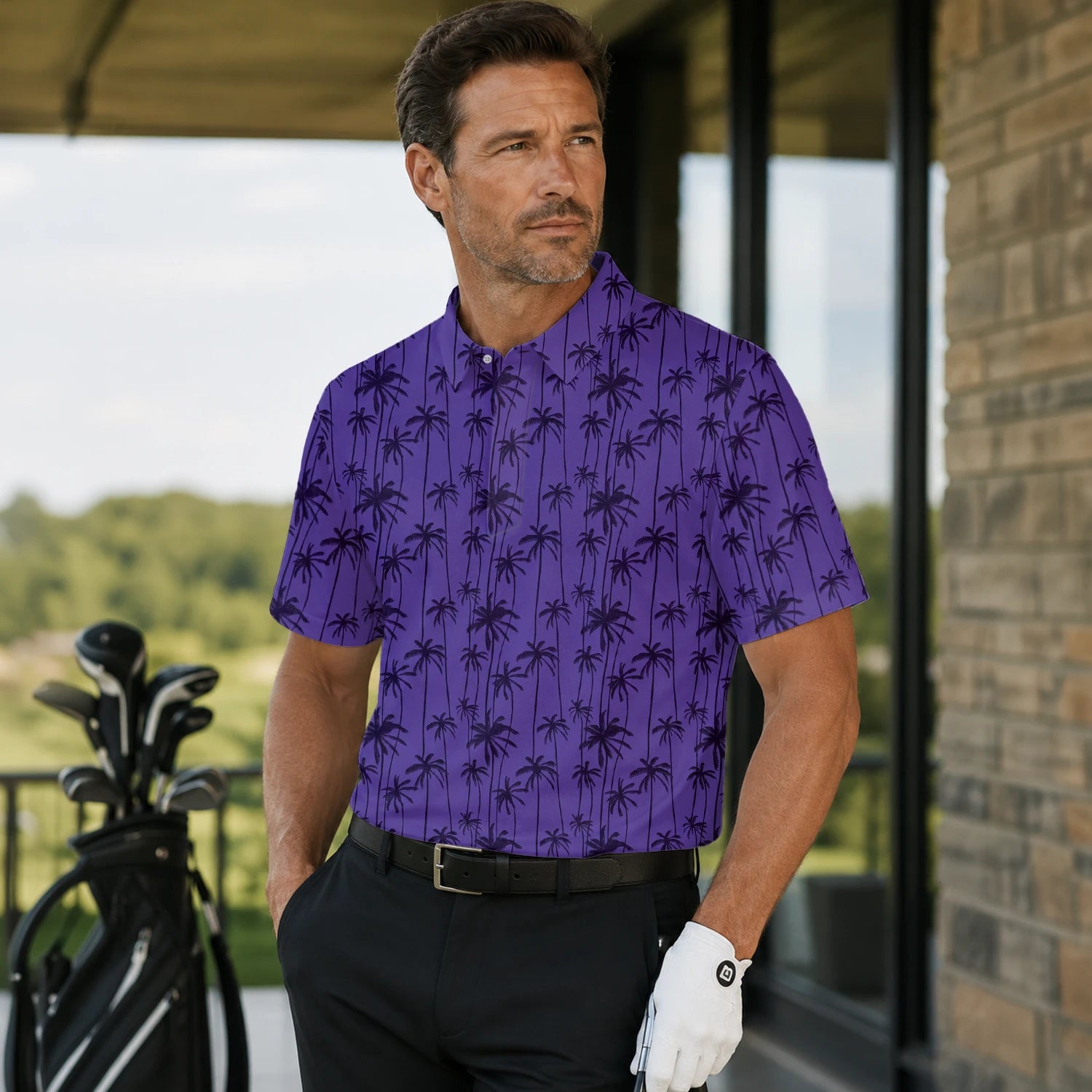 Personalised Purple Palm Tree Silhouette Golf Polo Shirt For Men P3247 | Men Gallery | 7.webp