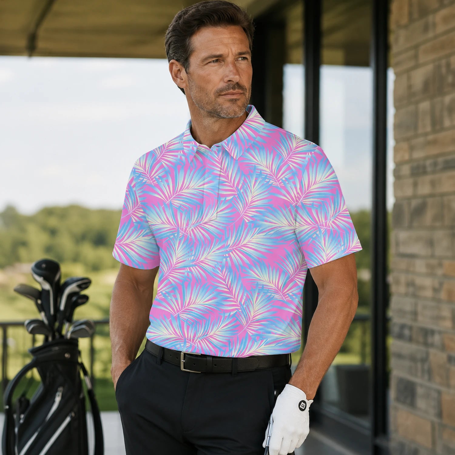 Personalised Pink Blue Palm Leaf Golf Polo Shirt For Men F1458 | Men Gallery | 7.webp