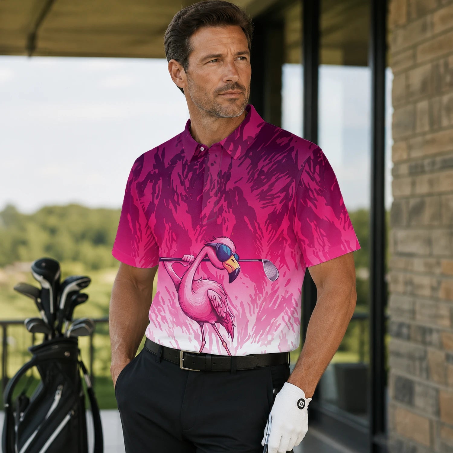 Personalised Pink Flamingo Golfer Paint Splash Golf Polo Shirt For Men R4990 | Men Gallery | 7.webp