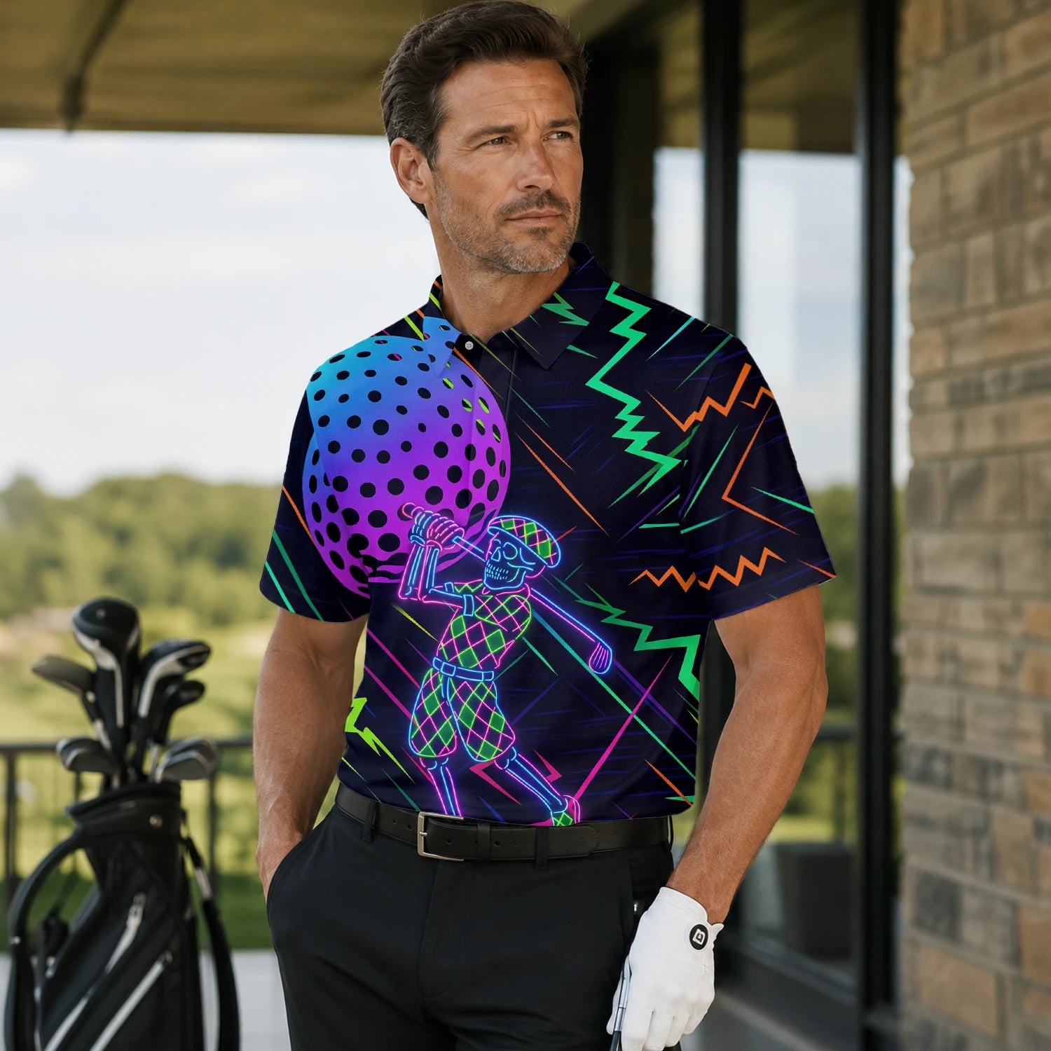 Personalised Black Neon Golfer Wireframe Golf Polo Shirt For Men L1481 | Men Gallery | 7.webp