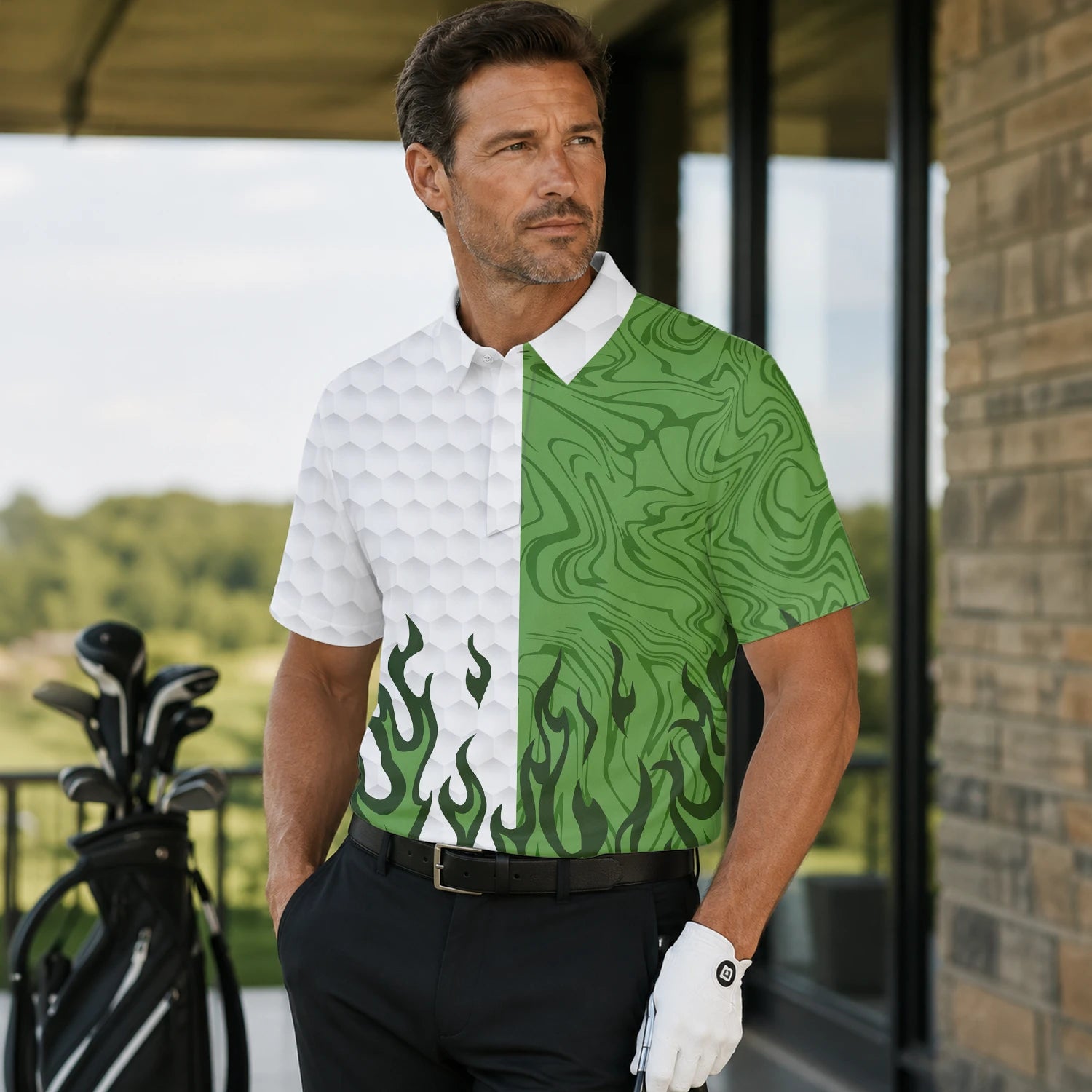 Personalised White Green Flame Marble Golf Polo Shirt For Men D2353 | Men Gallery | 7.webp