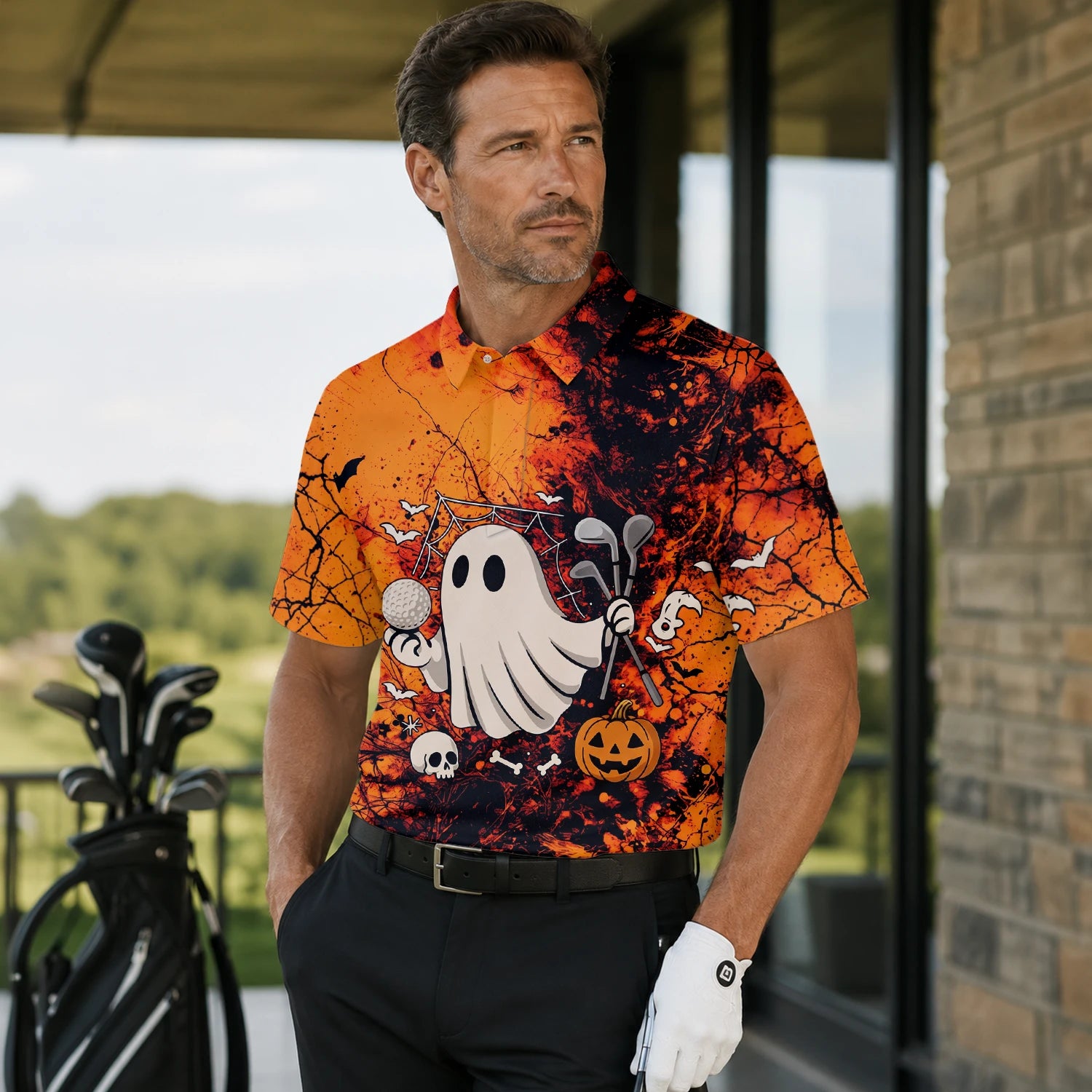Personalised Orange Halloween Ghost Golfer Golf Polo Shirt For Men M0695 | Men Gallery | 7.webp
