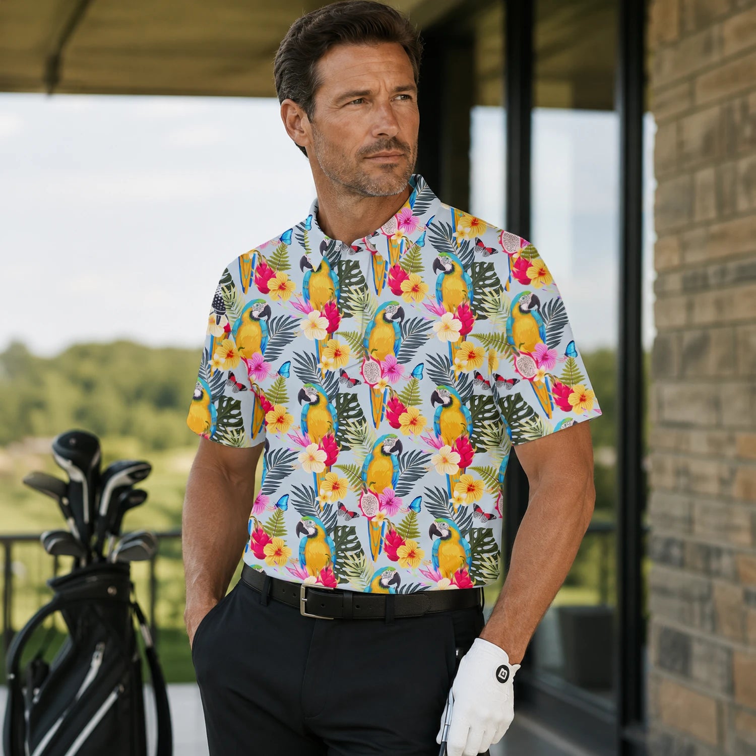 Personalised Cream Yellow Tropical Parrot Hibiscus Golf Polo Shirt For Men V2558 | Men Gallery | 7.webp