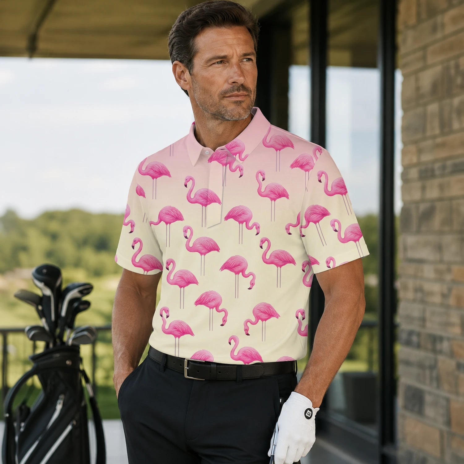 Personalised Cream Pink Flamingo Golf Polo Shirt For Men P5242 | Men Gallery | 7.webp