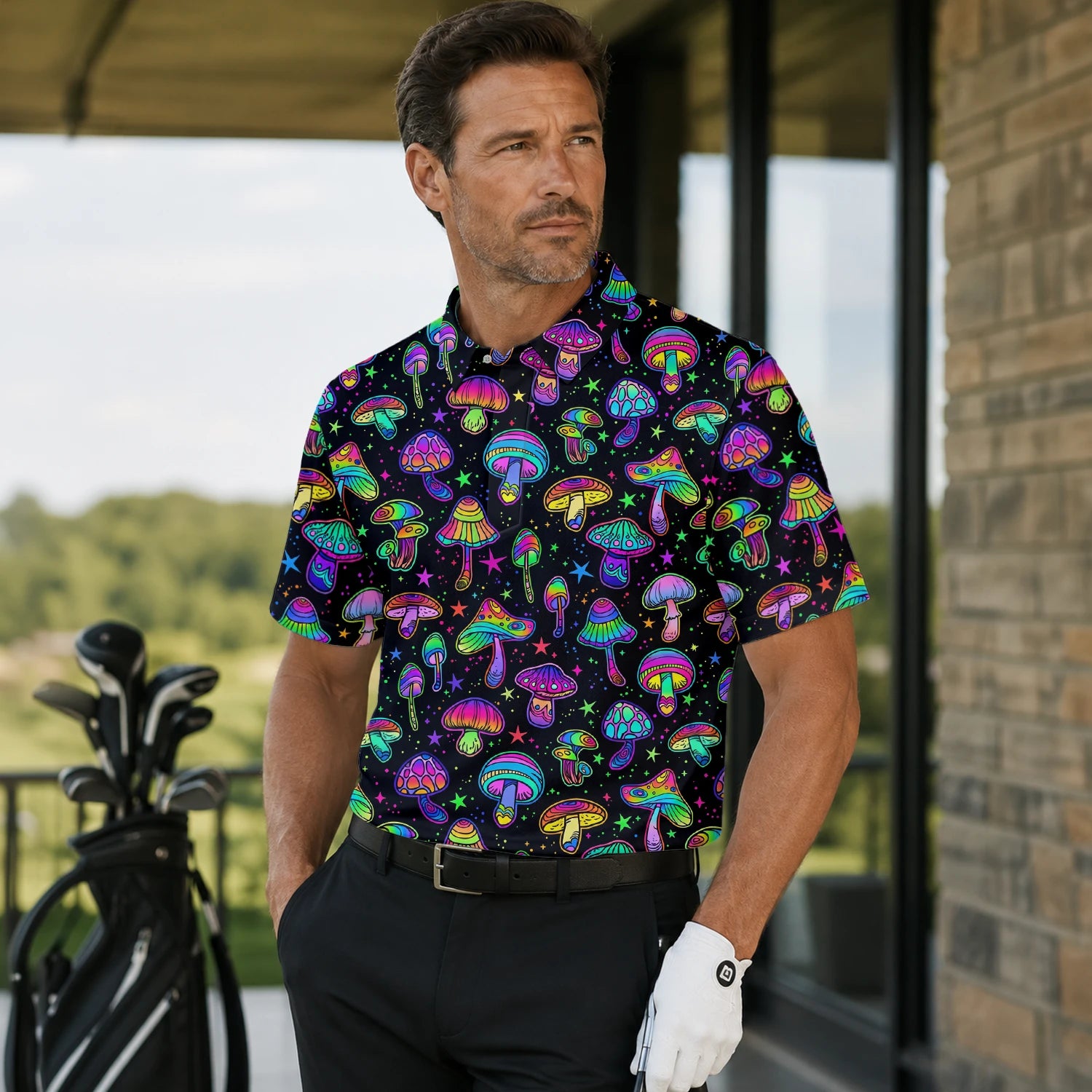 Personalised Black Neon Mushroom Psychedelic Golf Polo Shirt For Men L0182 | Men Gallery | 7.webp