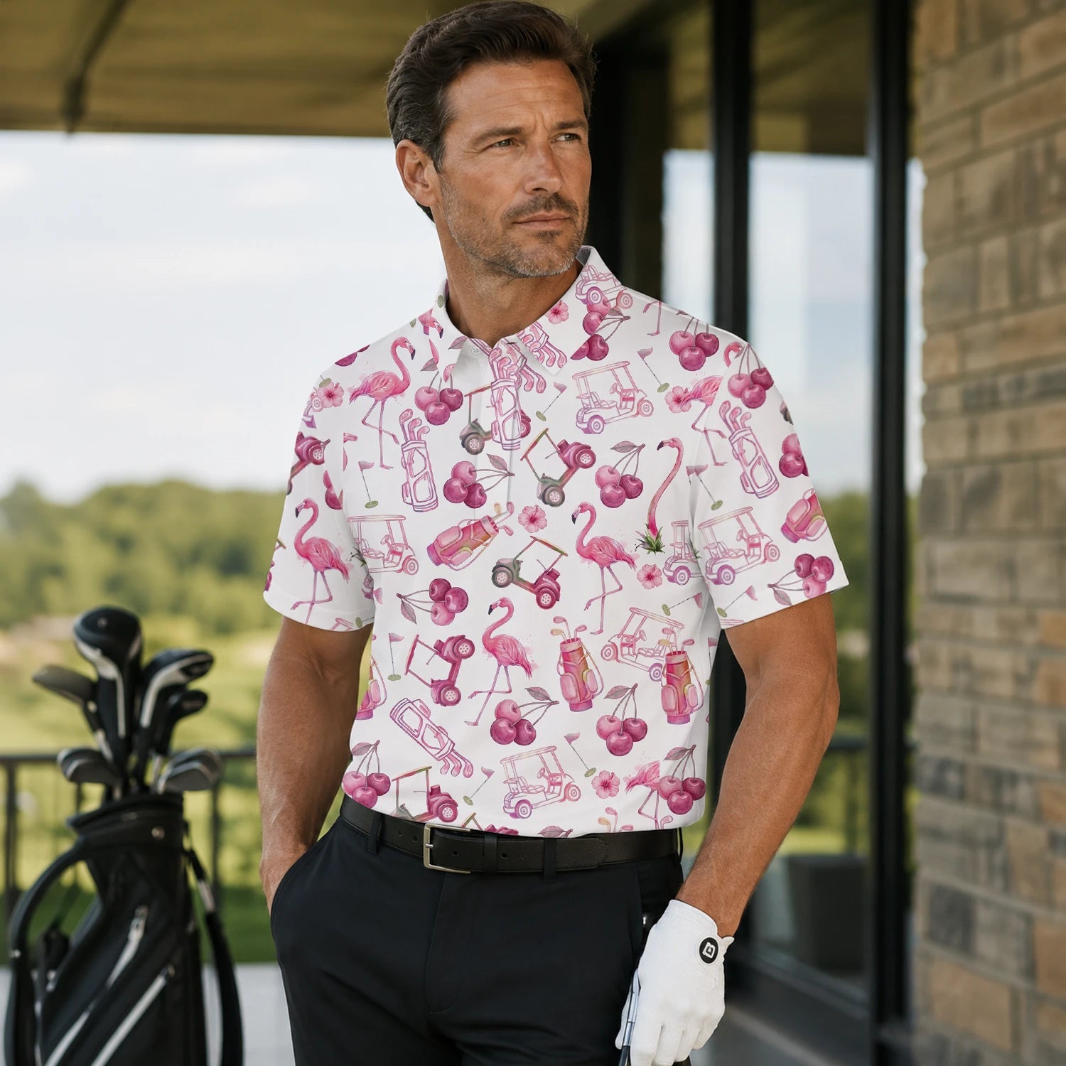 Personalised Cream Pink Flamingo Golf Cart Cocktail Golf Polo Shirt For Men T9296 | Men Gallery | 7.webp