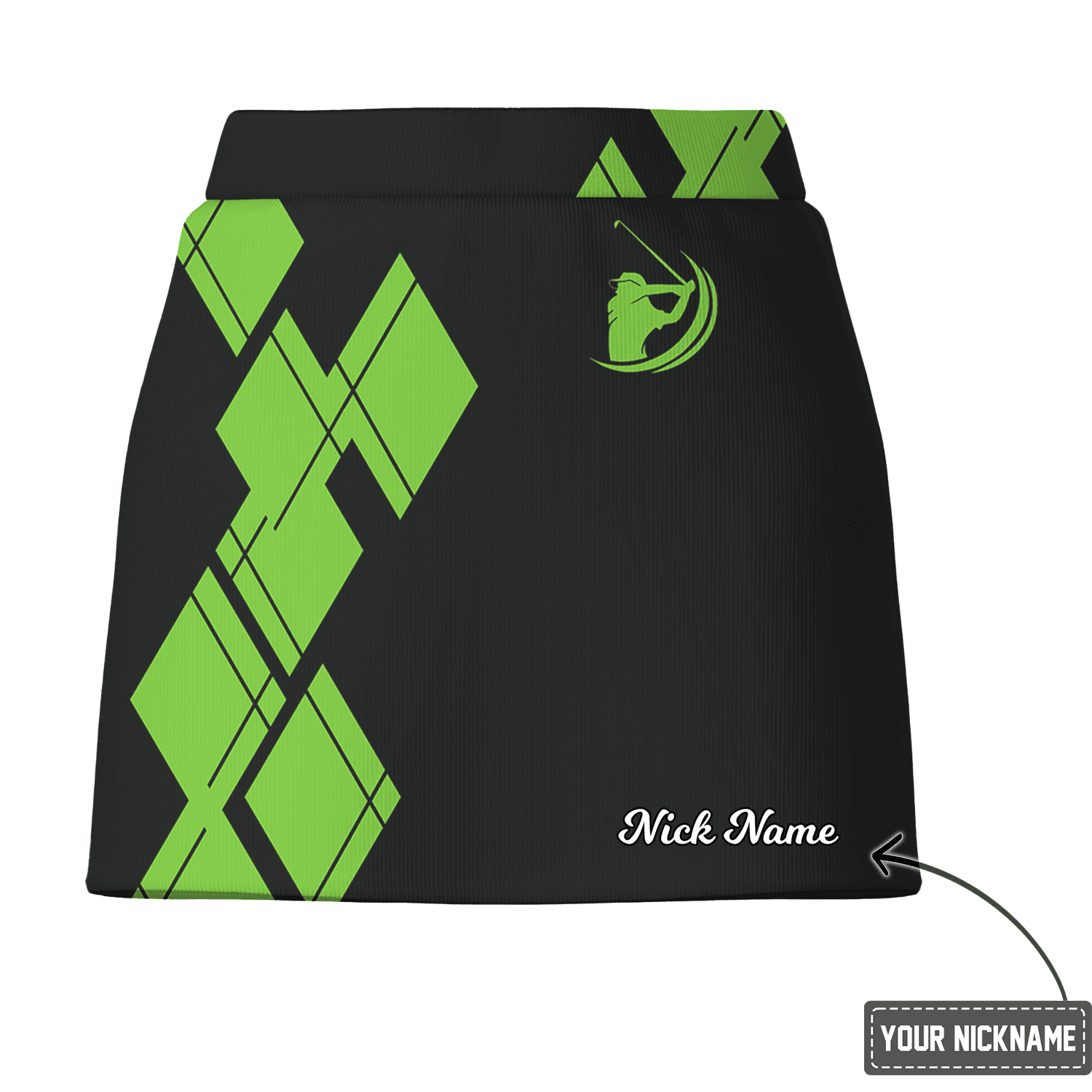 Personalized Women's Black & Neon Green Argyle Golf Skort E2938 additional image 2