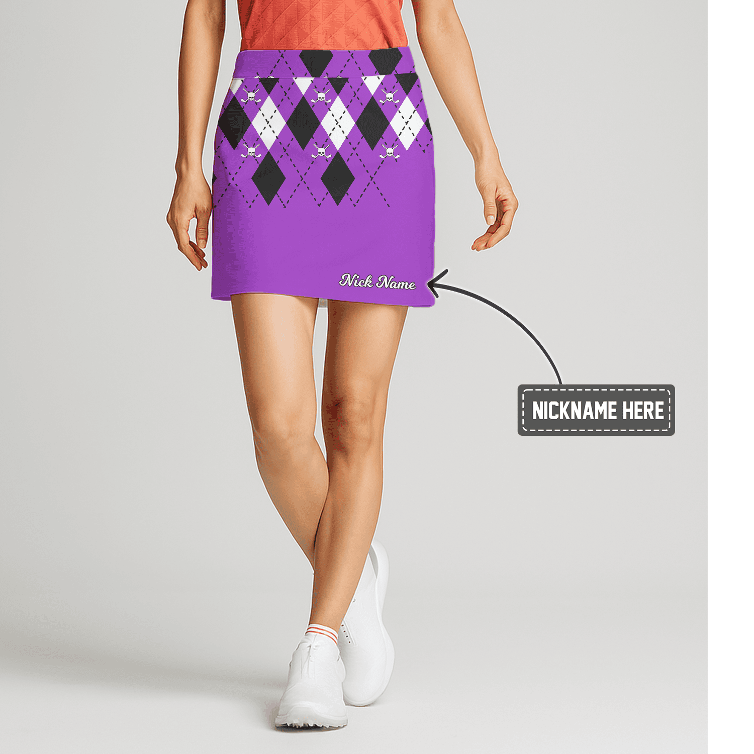Personalized Women's Purple Argyle Skull & Golf Clubs Golf Skort P7361 main image - S