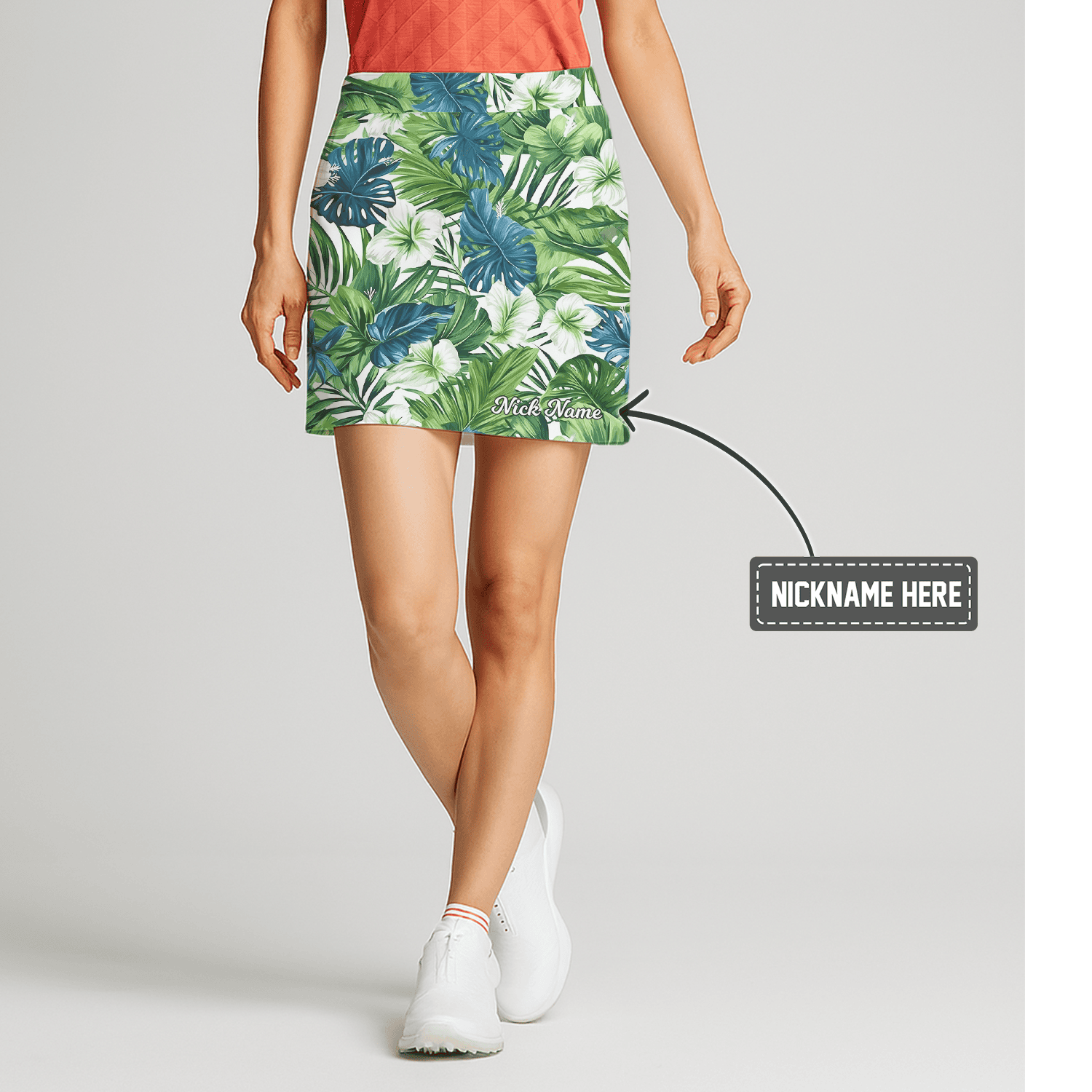 Personalized White Green Blue Tropical Floral Print Women's Golf Skort A6682 main image - S