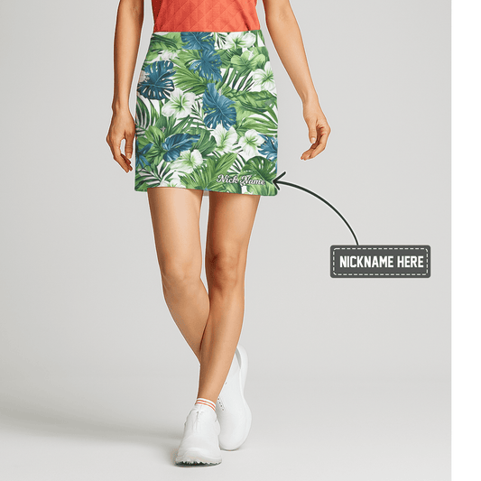 Personalized White Green Blue Tropical Floral Print Women's Golf Skort A6682 main image - S
