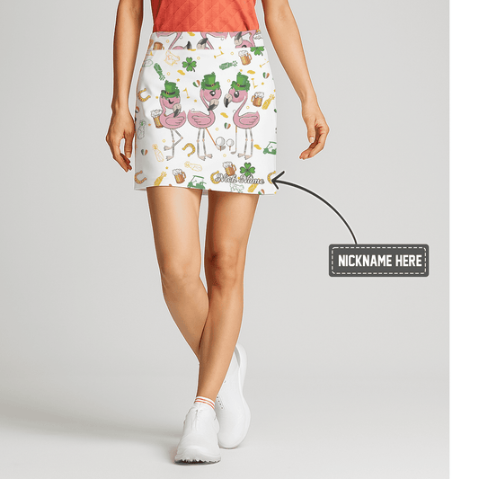 Personalized Women's White St Patrick's Day Leprechaun Flamingo Golf Skort Q9370 main image - S