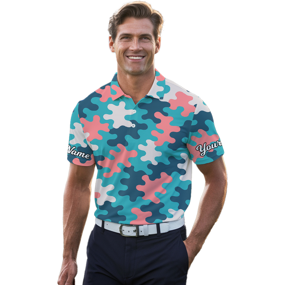 Personalized Abstract Blob Golf Polo Shirt Men Teal Navy Pink White Y5500 additional image 4