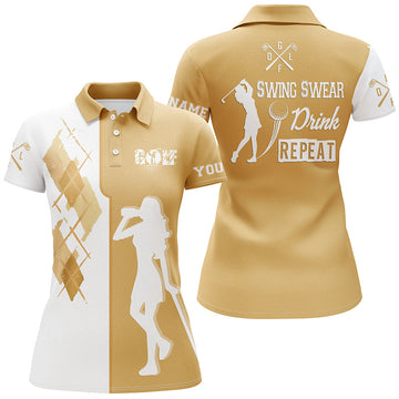 Women's White and Yellow Golf Polo Shirt - Swing, Swear, Drink, Repeat Theme N6560