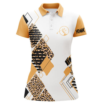 Personalized Women's Golf Polo Shirt in Yellow with White Leopard Pattern - Custom Name Embroidery - Golf Gift for Her N3930