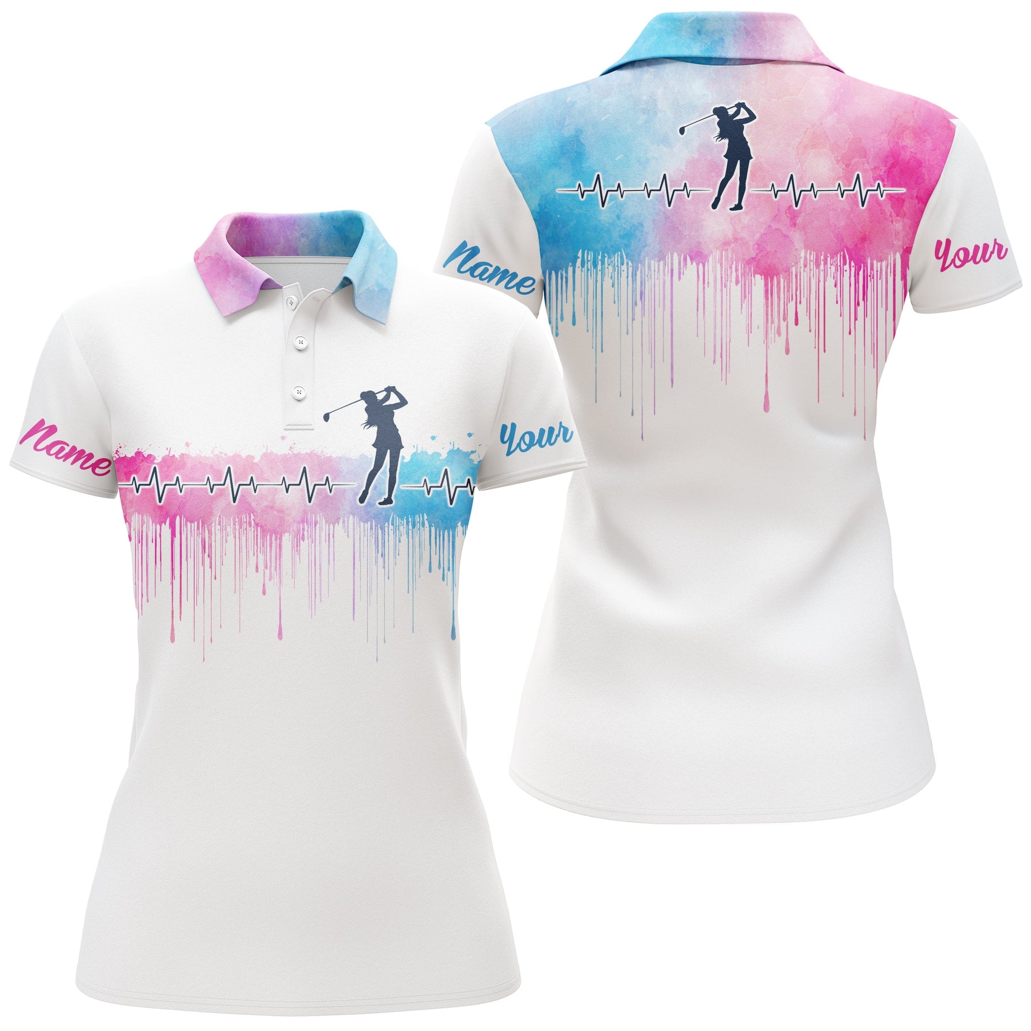 Women's Golf Heartbeat Pink Blue Watercolor Polo Shirt - Customizable N3762