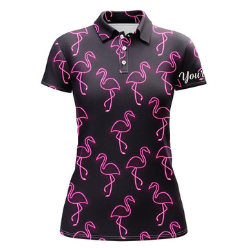 Customizable Black Women's Golf Polo Shirt with Neon Pink Flamingo Pattern - Personalized Team Golf Polo Shirt N4951