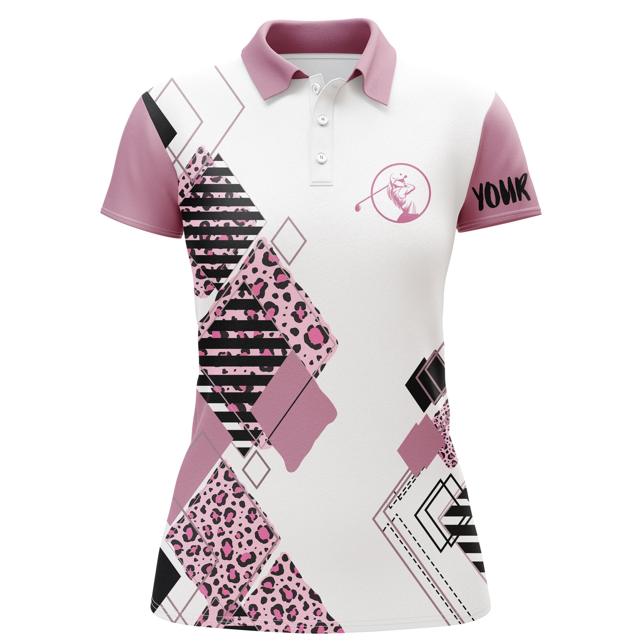 Custom Name Pink Women's Golf Polo Shirt with White Leopard Pattern - Perfect Golf Gift for Women N3628