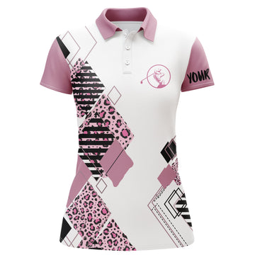 Custom Name Pink Women's Golf Polo Shirt with White Leopard Pattern - Perfect Golf Gift for Women N3628