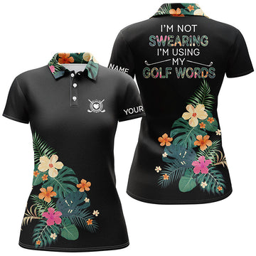 Personalized Black Women's Golf Polo Shirt | Custom Name Embroidery | Tropical Plants Design | Golf Apparel N4386