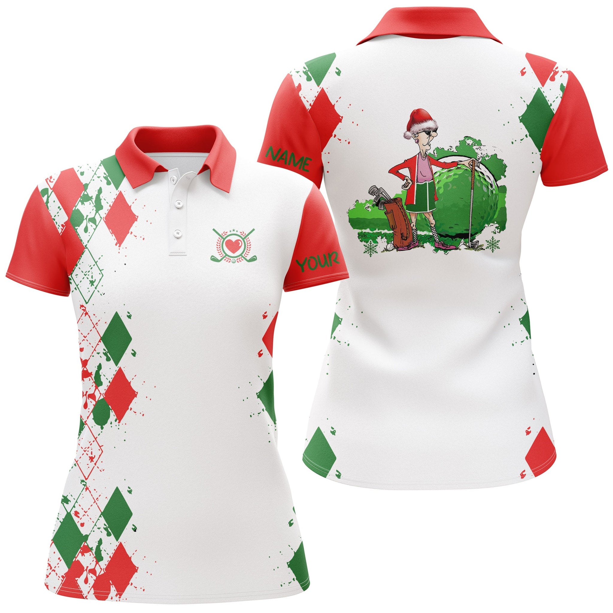 Stylish Christmas Argyle Pattern White Women's Golf Polo Shirt - Custom Christmas Golf Gifts for Grandma N4149