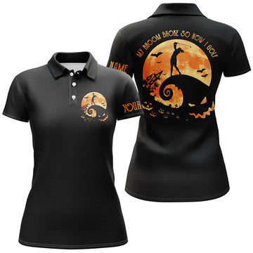 Personalized Women's Black Halloween Golf Polo Shirt - My Broom Broke, Now I Golf N3979