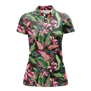 Women's Floral Pattern Golf Polo Shirt with Tropical Leaves - Custom Team Golf Polo Shirts N3692