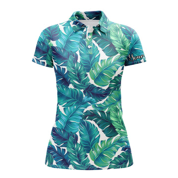 Turquoise and Green Tropical Leaves Women's Golf Polo Shirt - Custom Team Golf Polo Shirts N3693