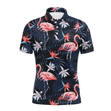 Men's Golf Polo Shirts with UPF Protection featuring Tropical Birds, Pink Flamingos, and Dark Blue Palm Leaves N3694