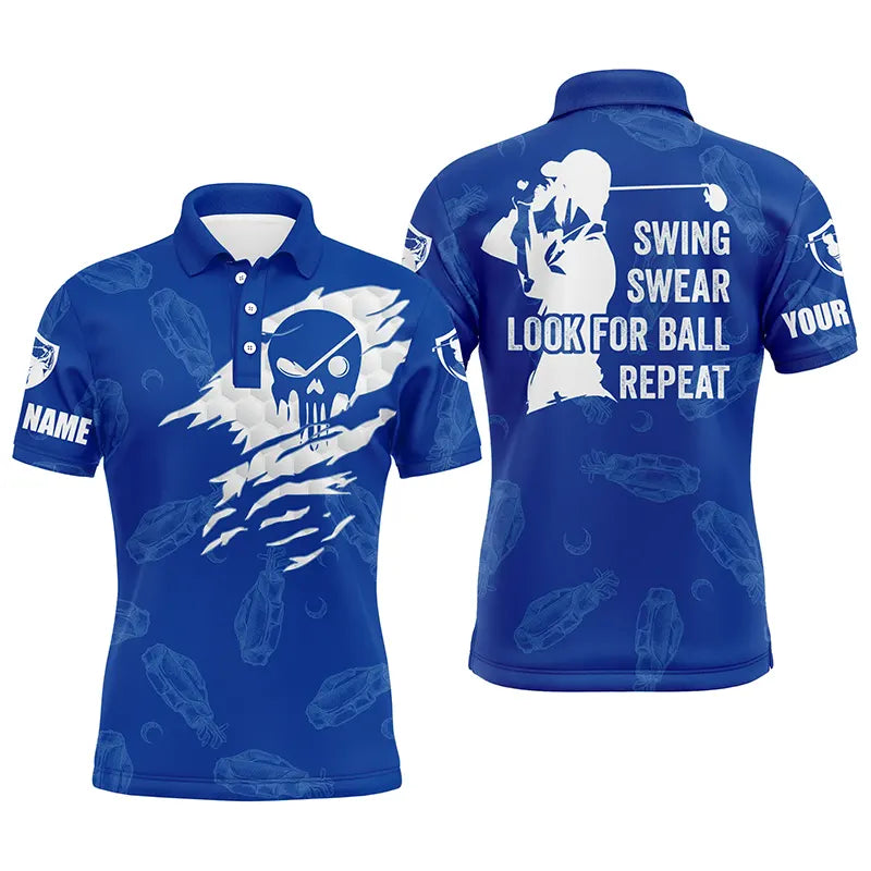 Men's Custom Name Golf Polo Shirt with Golf Clubs Pattern | Blue N4012