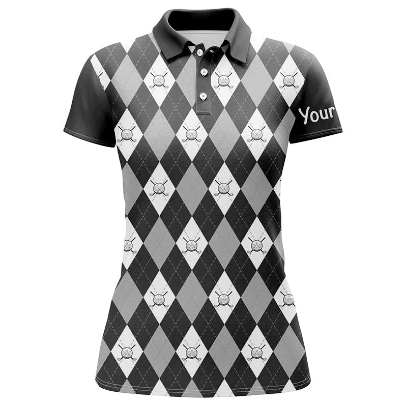 Women's Black Argyle Plaid Golf Polo Shirts - Custom Ladies Golf Shirts N7422