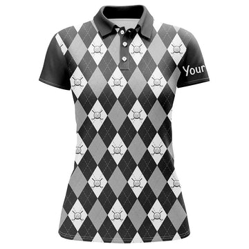 Women's Black Argyle Plaid Golf Polo Shirts - Custom Ladies Golf Shirts N7422