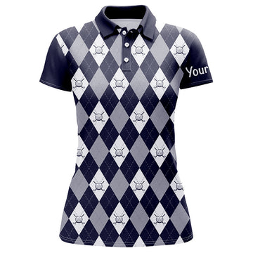 Navy Blue Argyle Plaid Women's Golf Polo Shirt - Custom Ladies' Golf Shirt N7423