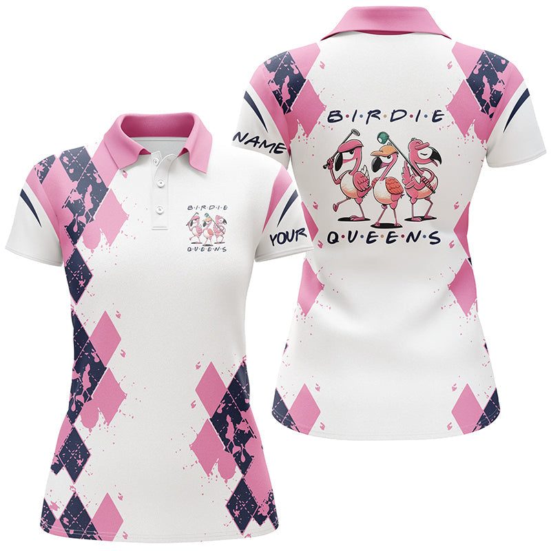 Women's Personalized Pink Argyle Pattern Golf Polo Shirt - Birdie Queen White Golf Attire for Ladies N6096