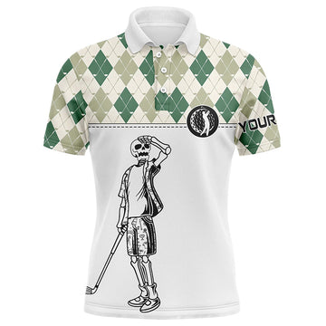 Men's Green Argyle Golf Polo Shirt with Skull Design N6546