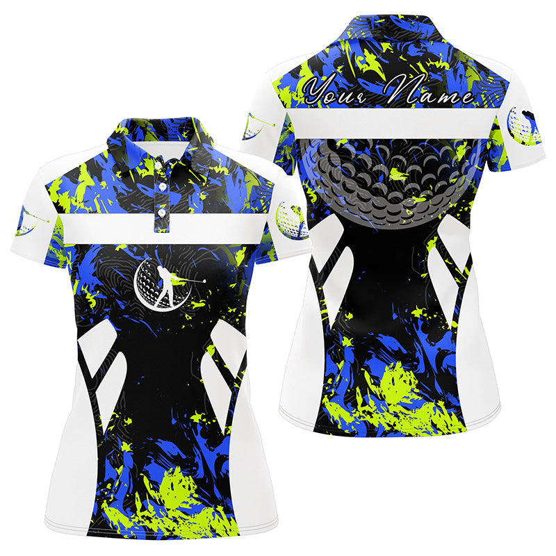 Custom Name Women's Golf Polo Shirt in Green Blue Camo and White - Stylish Golf Gift for Ladies N7255